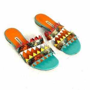 Manolo Blahnik Arpege Sharkbite Flat Slide Sandal Multi Watersnake Leather Sz 38